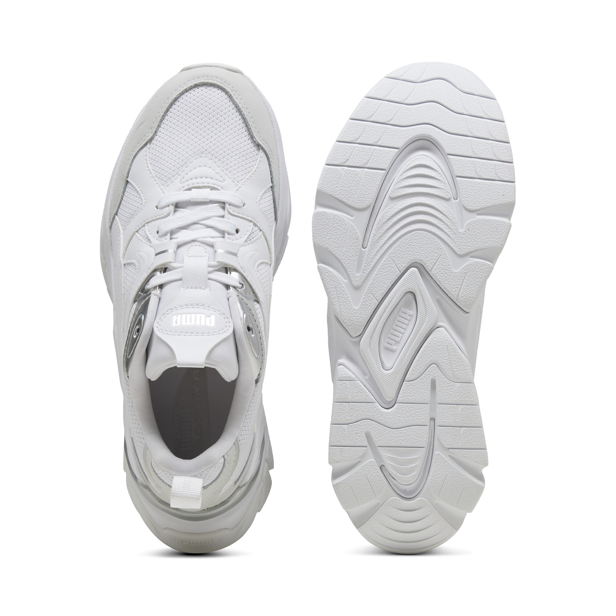 Women's PUMA Sophyr Metallic Sneakers Women In White/Silver, Size EU 40