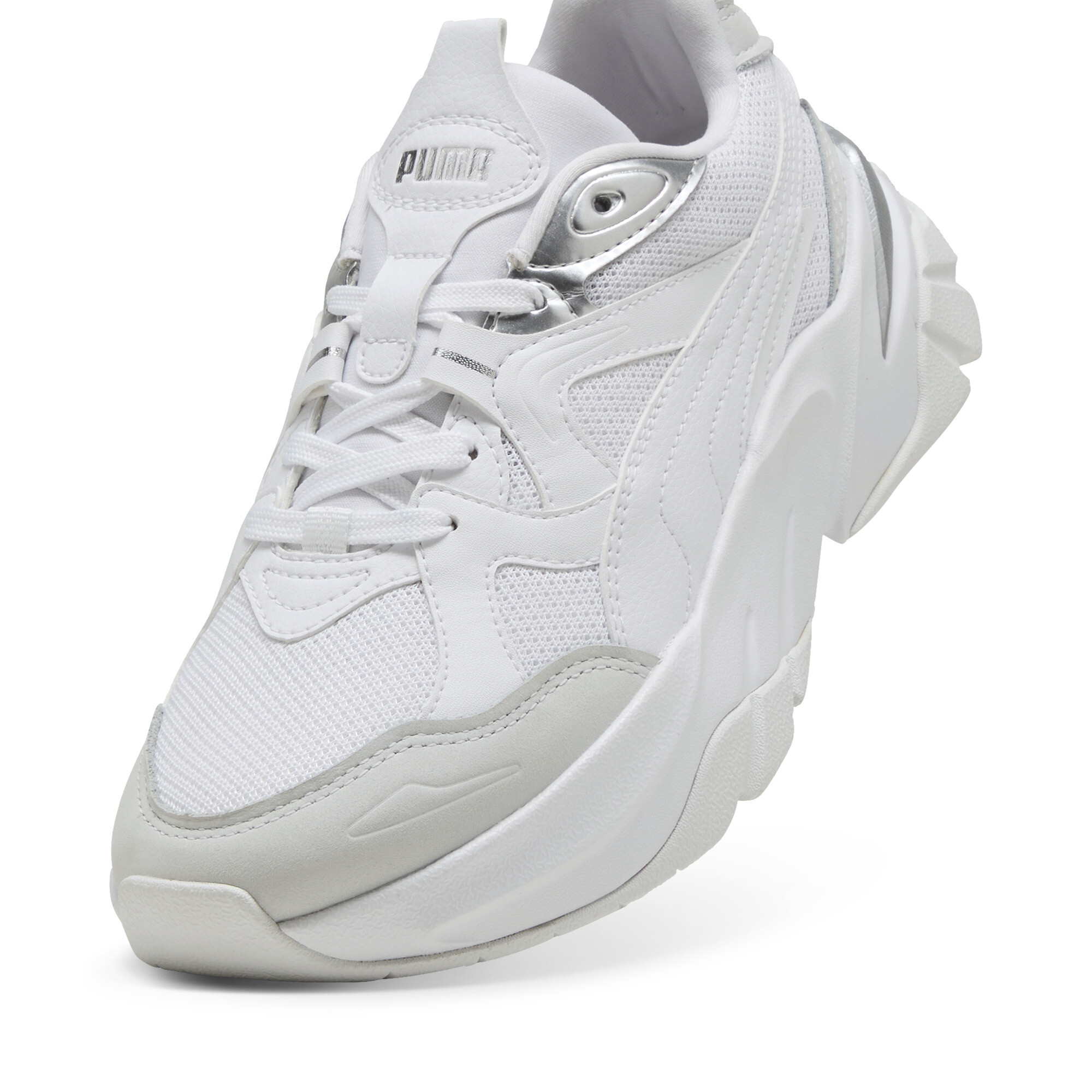 Women's PUMA Sophyr Metallic Sneakers Women In White/Silver, Size EU 40