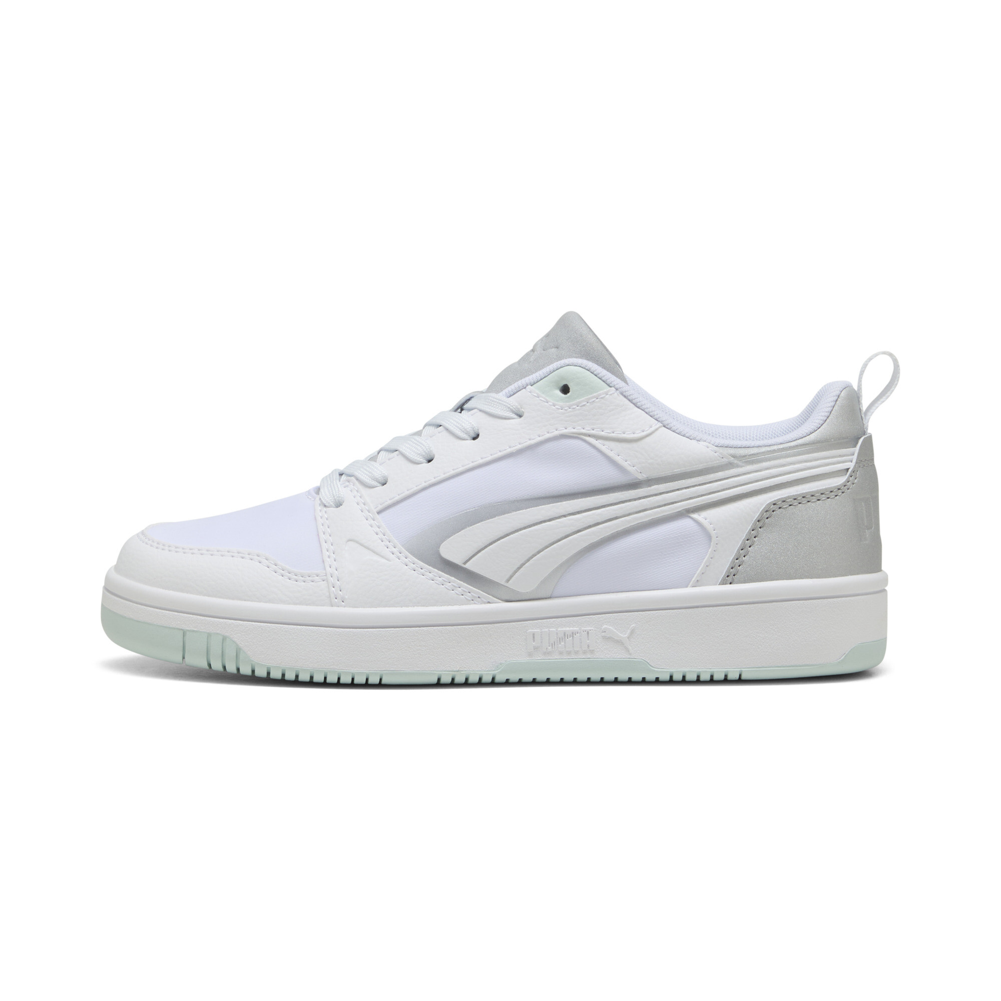 Puma Rebound v6 Aqua Metallics Sneakers mit niedrigem Schaft Unisex Schuhe | White/Silver/Peaceful Blue | Größe: 35.5