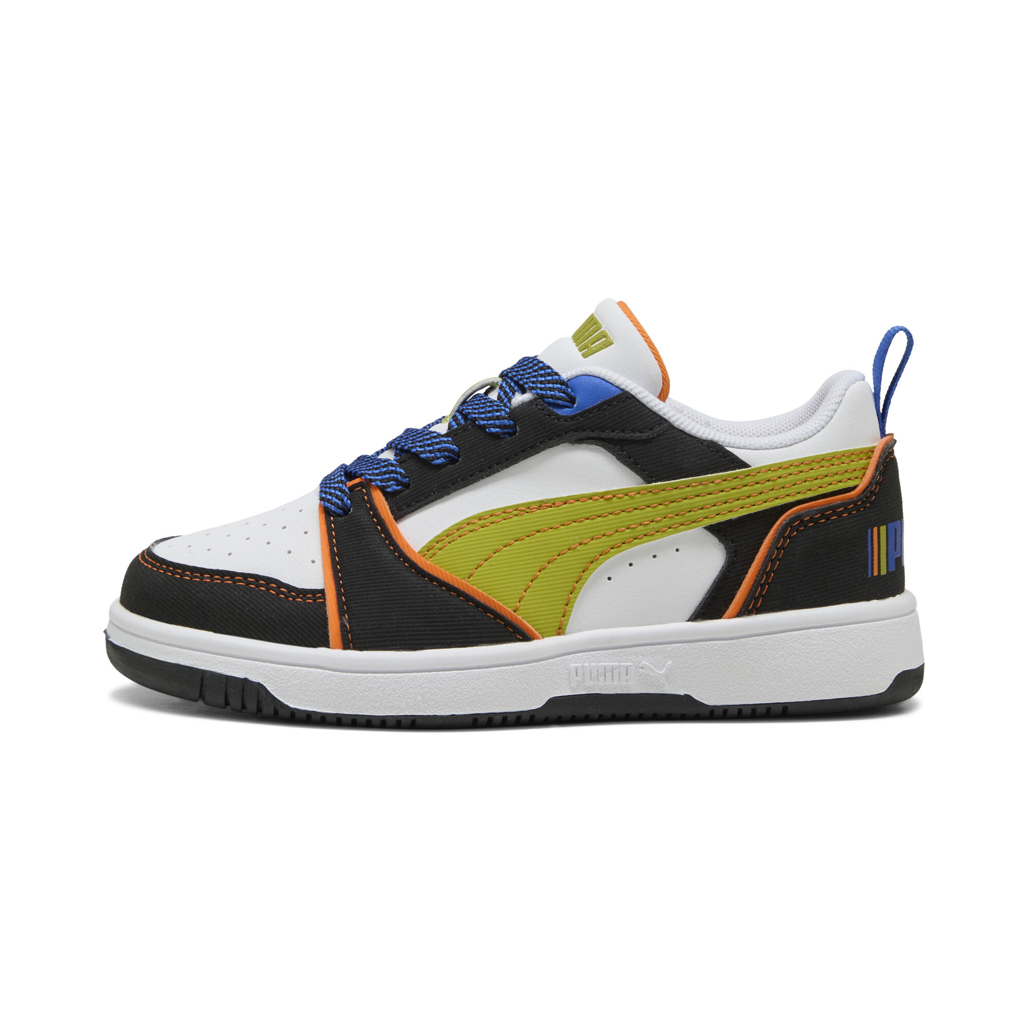 Puma Rebound V6 Lo Starblitz Sneakers Kinder Schuhe | Mit Colorful | White/Sea Kelp/Orange Glo | Größe: 28.5