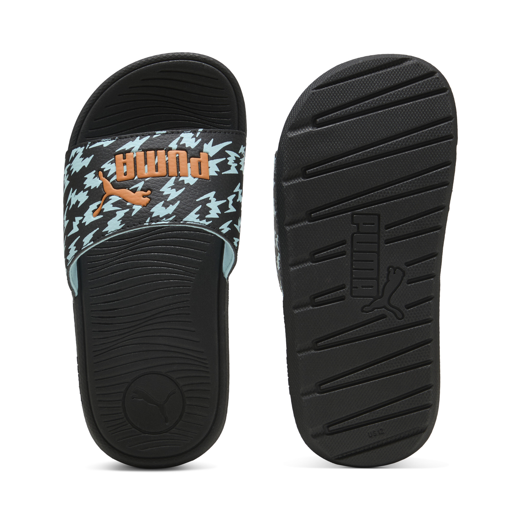 Puma Cool Cat 2.0 Poised 2 Race Slides Kinder | Mit Print | Black/Orange Glo/Safe Lake | Größe: 32