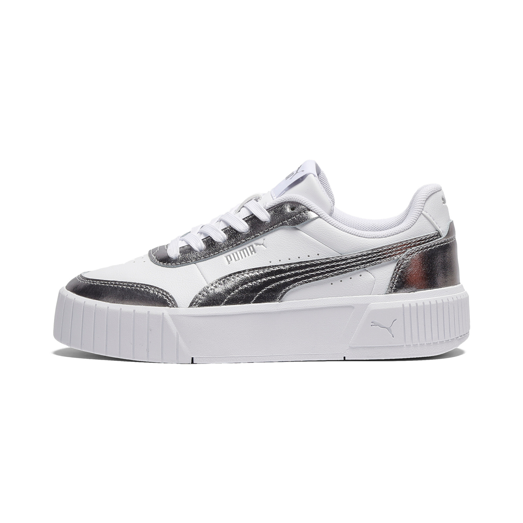 PUMA Carina Mia Metallic Big Kids' Easy On Sneakers in White, Size 5