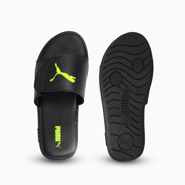 Sporty Hook-and-Loop Slides Kids, PUMA Black-Yellow Alert, large-ZAF