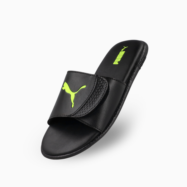 Sporty Hook-and-Loop Slides Kids, PUMA Black-Yellow Alert, large-ZAF