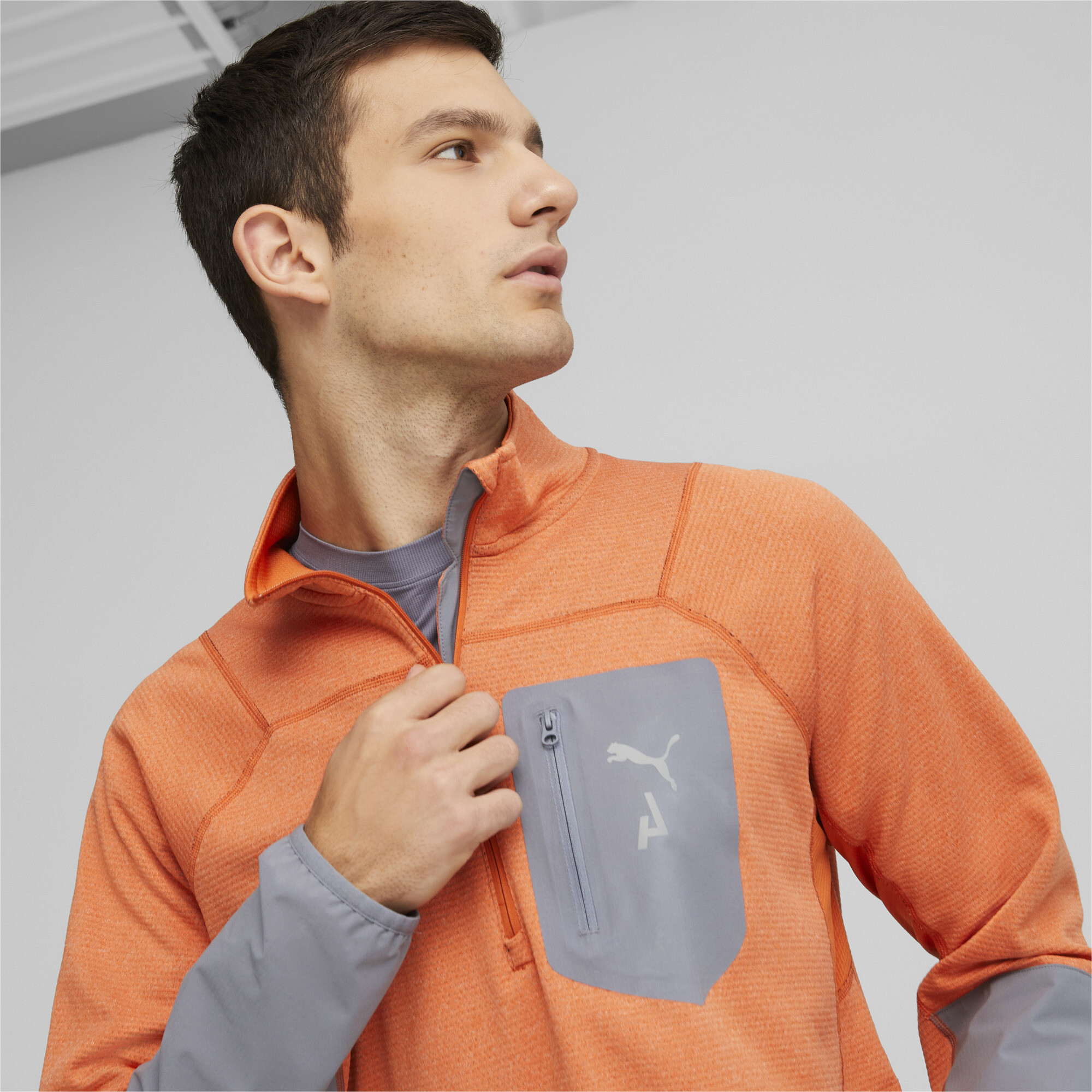 Men's Puma SEASONS Rain CELL Trail Running Half-Zip Pullover Top, Orange, Size M, Clothing