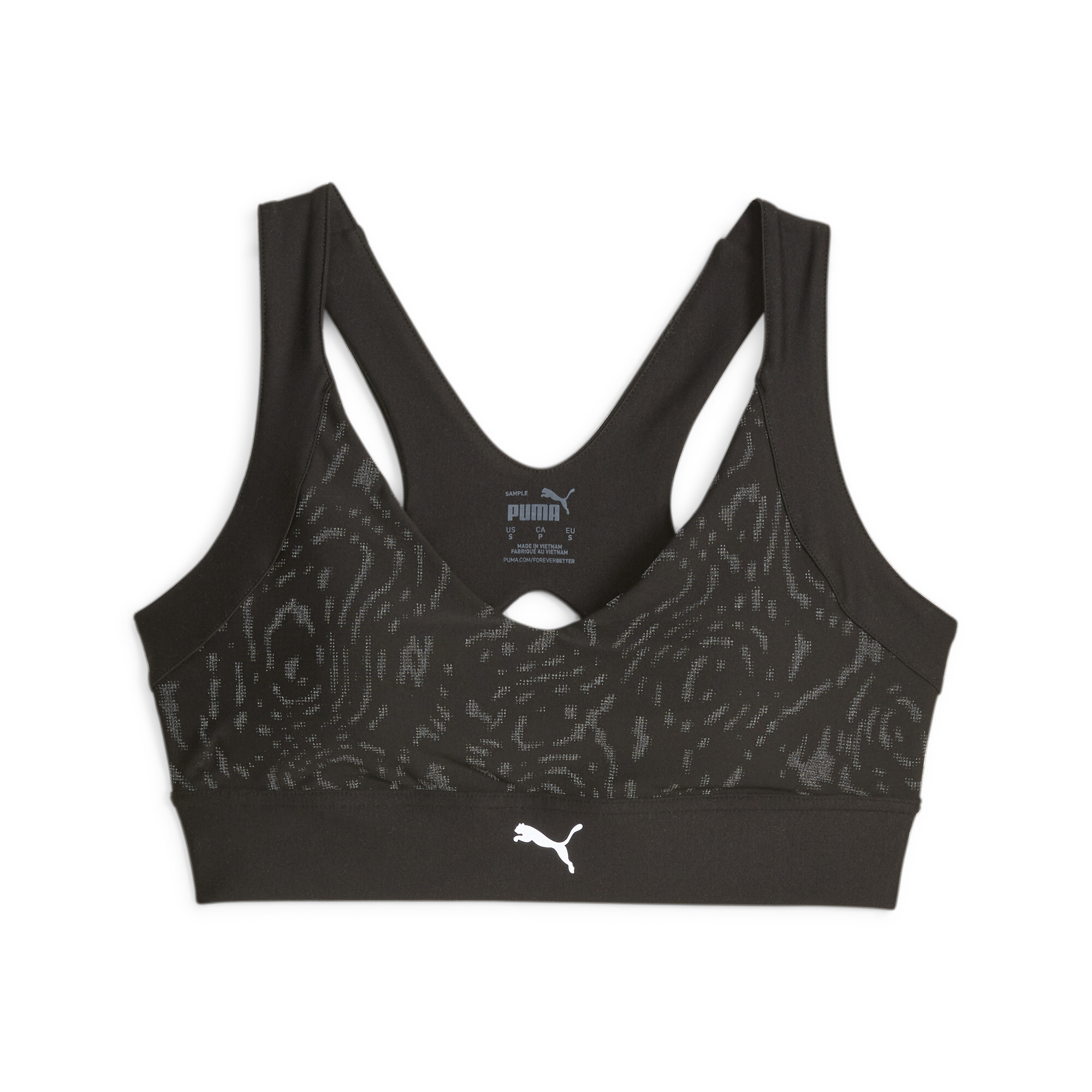 Women's Puma Reflective All-Over-Print's High Support Running Bra, Black, Size XS, Clothing