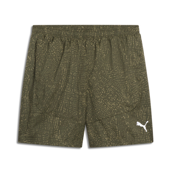 Puma Men's All Over Print Running Shorts In Dark Olive-aop