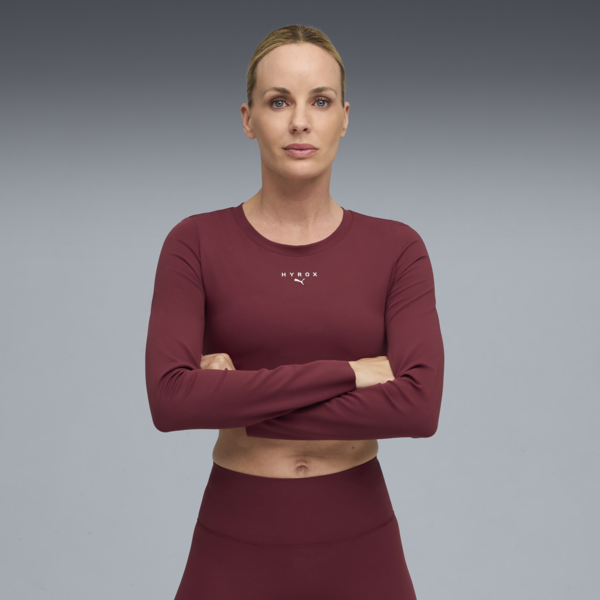 PUMA x HYROX SHAPELUXE Long Sleeve Cropped Tee Women, Ruby Shimmer, large-MEX