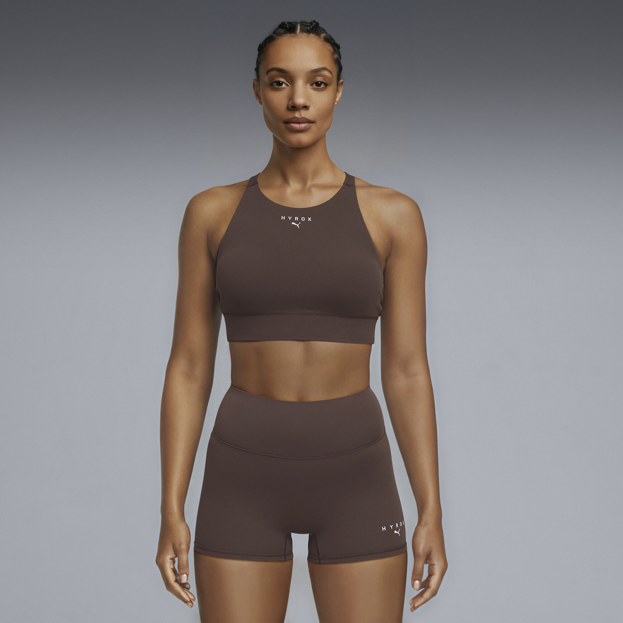 PUMA x HYROX Shapeluxe High Neck Women's Moisture Wicking, Mid Impact Sports Bra in Brown, Size S