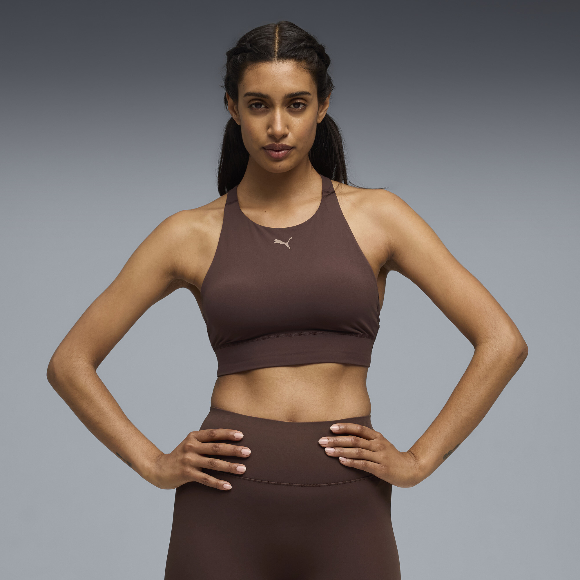 PUMA Shapeluxe High Neck Women's Moisture Wicking, Mid Impact Sports Bra in Brown, Size XL