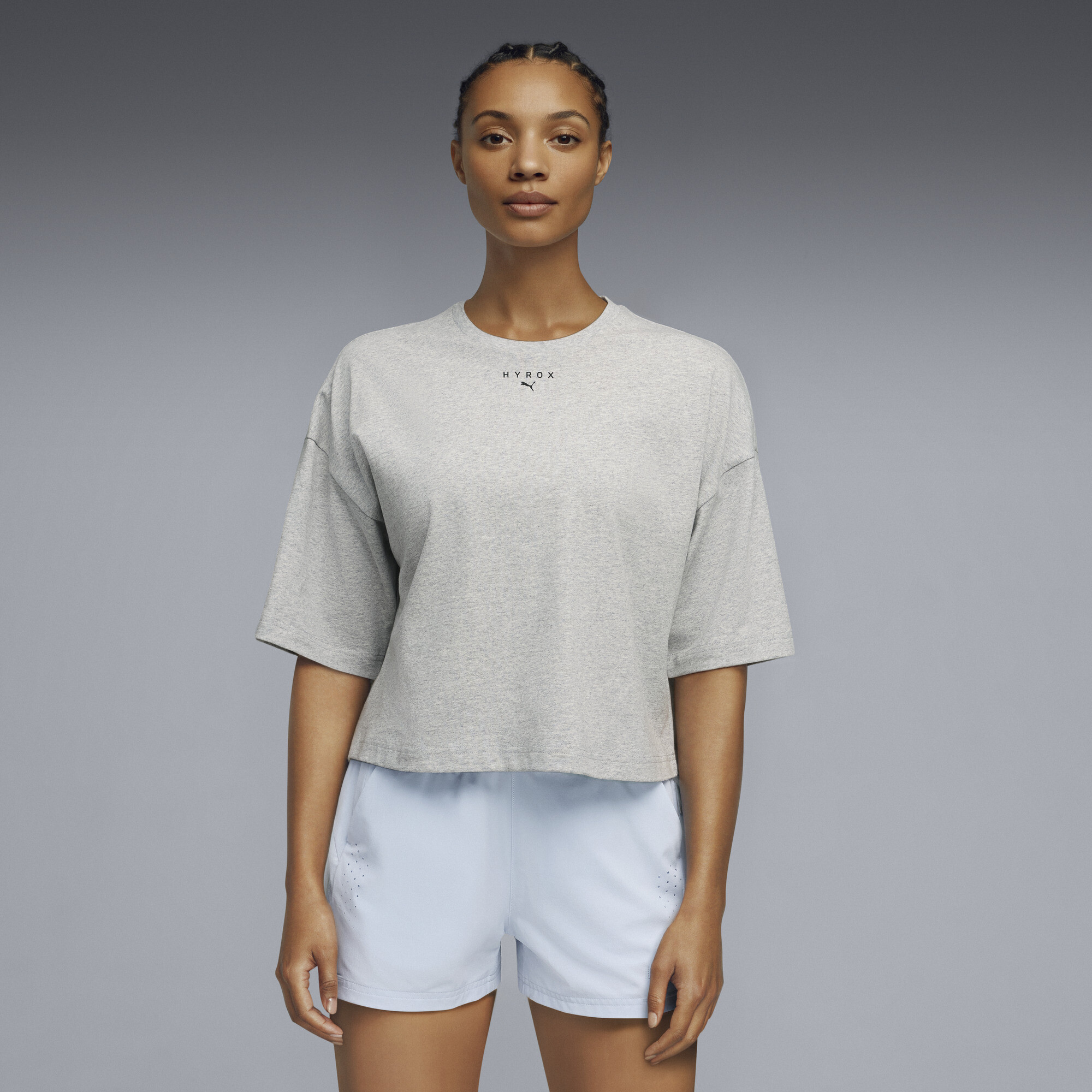 PUMA x HYROX Women's Cropped Graphic Tee, XL, Light Gray Heather