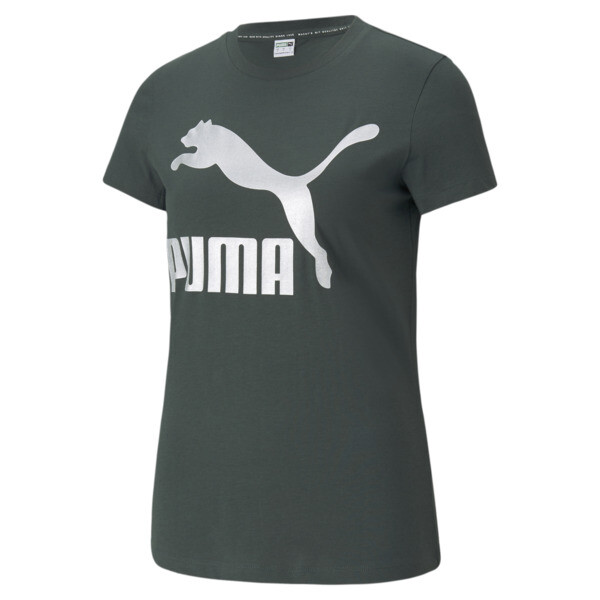 Puma Classics Logo Women's T-Shirt In Green Gables/Silver, Size Xs