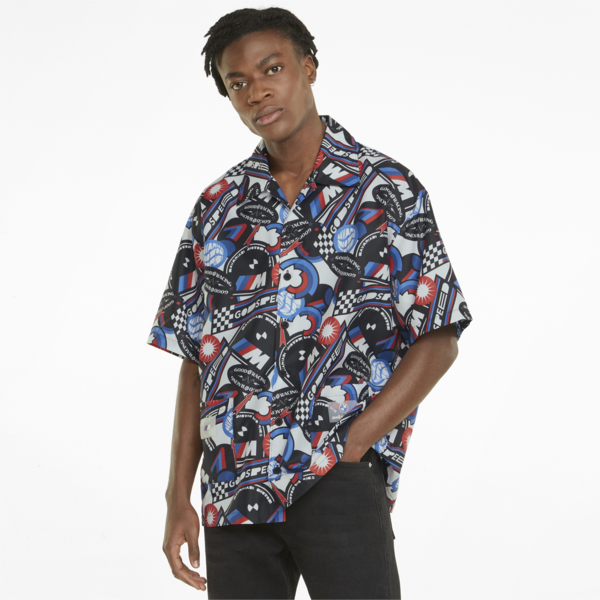 BMW M Motorsport Statement Men's Bowling Shirt, Puma Black-AOP, large-ZAF