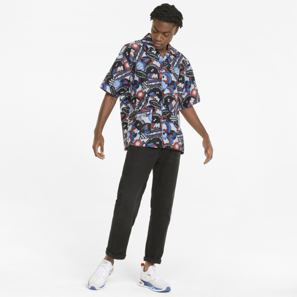 BMW M Motorsport Statement Men's Bowling Shirt, Puma Black-AOP, large-ZAF