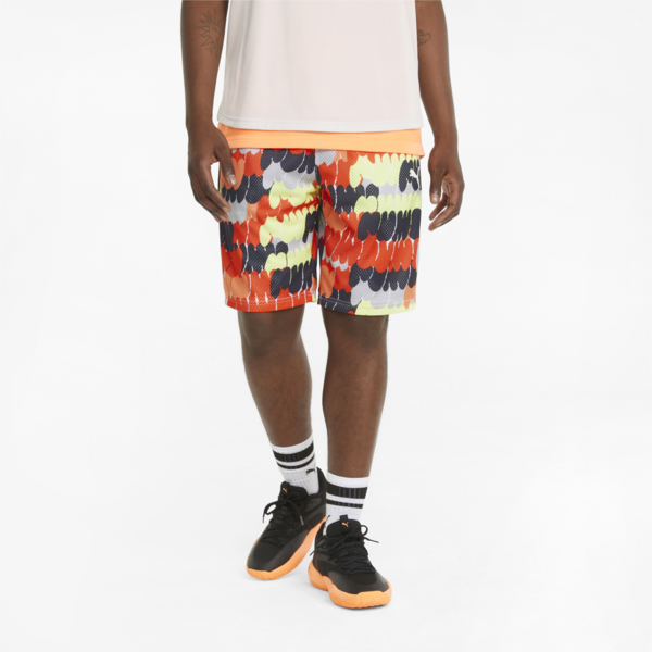 Mesh Printed Practice Men's Basketball Shorts, Puma White-Cherry Tomato, large-ZAF