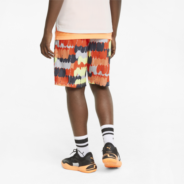 Mesh Printed Practice Men's Basketball Shorts, Puma White-Cherry Tomato, large-ZAF