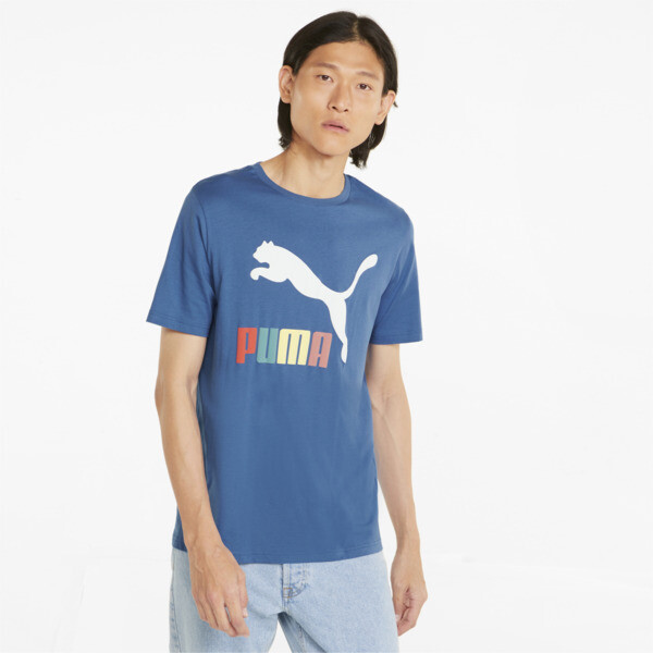 Puma Classics Logo Interest Men's T-shirt In Vallarta Blue/go For, Size Xs