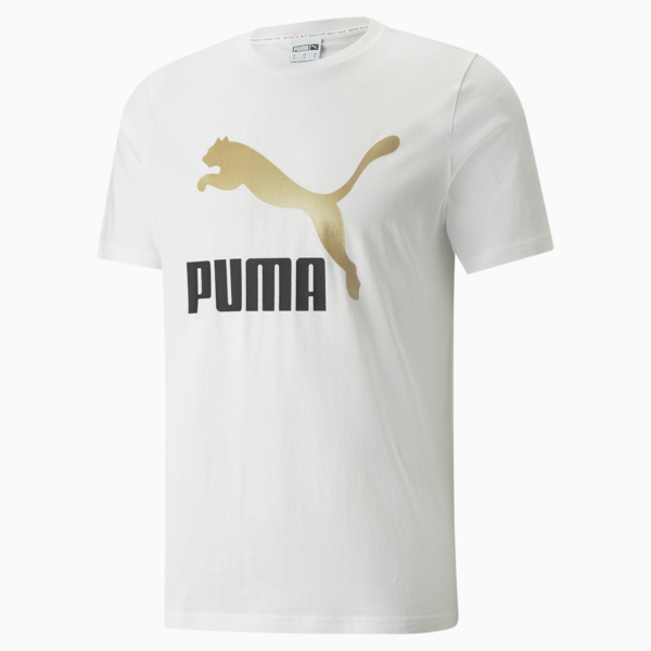 Classics Logo Metallic Men's Tee, Puma White-Gold, large-ZAF
