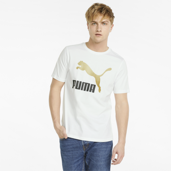 Classics Logo Metallic Men's Tee, Puma White-Gold, large-ZAF