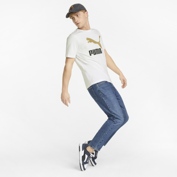 Classics Logo Metallic Men's Tee, Puma White-Gold, large-ZAF