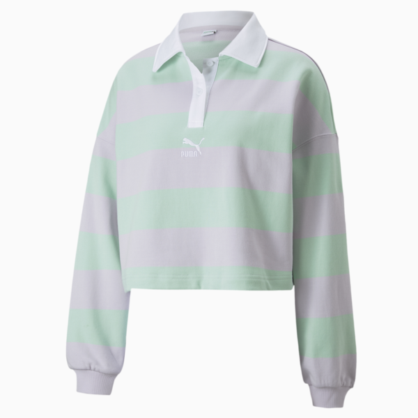 SWxP Striped Long Sleeve Polo Shirt Women, Lavender Fog, large-ZAF