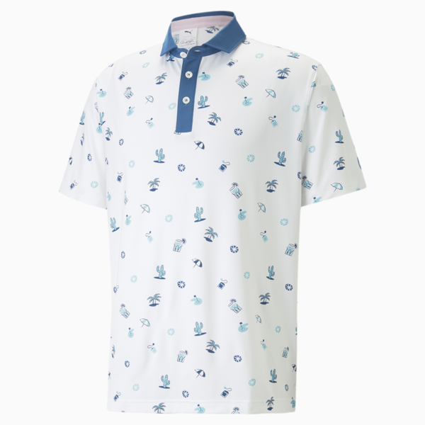 PUMA x Arnold Palmer Mattr Dunes Golf Polo Shirt Men, Bright White-Lake Blue, large-ZAF