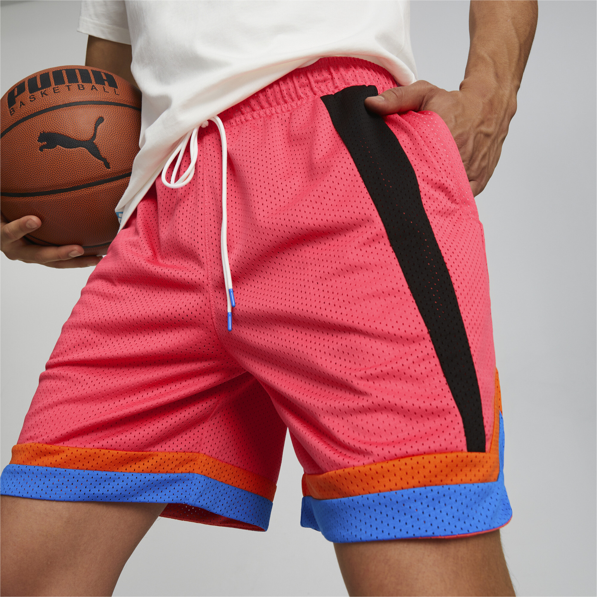 Men's PUMA Melo One Stripe Basketball Shorts Men In 110 - Orange, Size XS