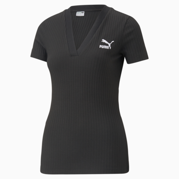 Classics Ribbed V-Neck Tee Women, PUMA Black, large-ZAF