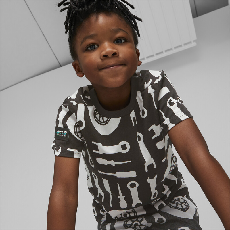 PUMA Mercedes AMG Petronas F1 All Over Print Kids' Regular Fit T-Shirt in Black size 7-8Y