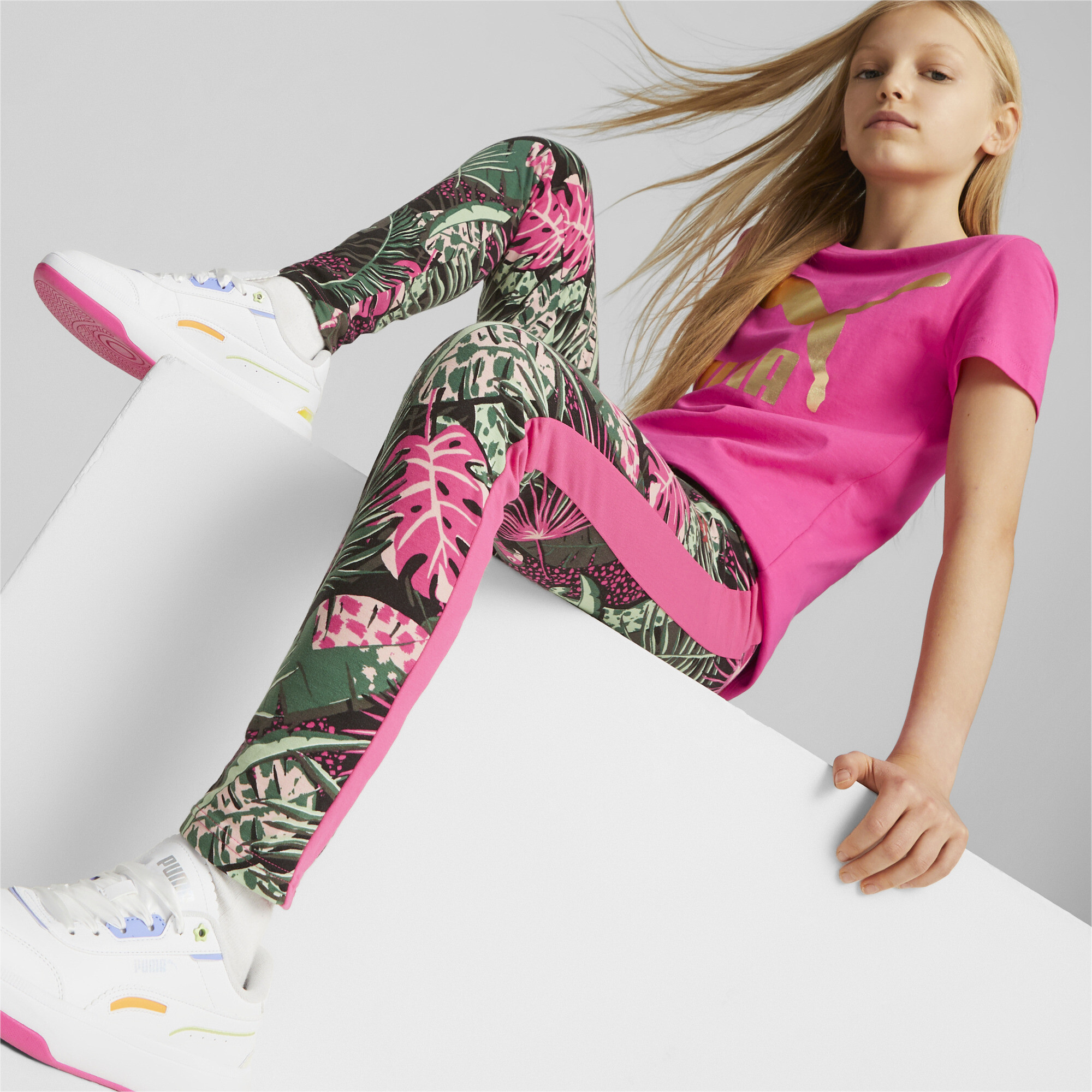 PUMA T7 Vacay Queen Printed Leggings In Pink, Size 7-8 Youth