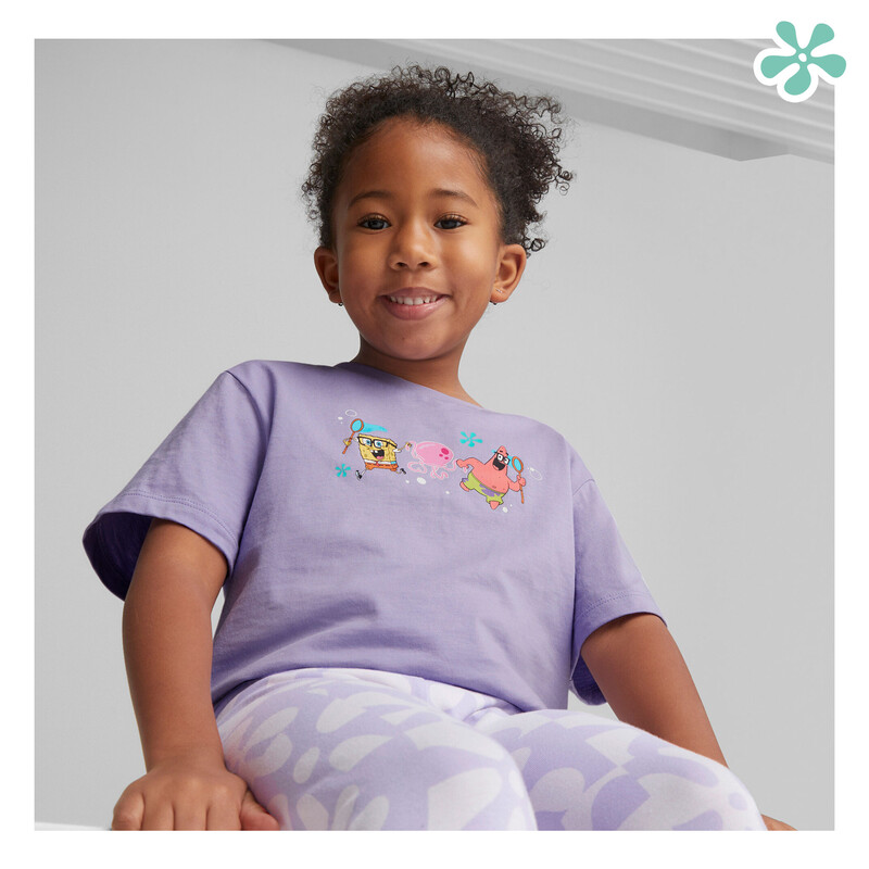 PUMA X SPONGEBOB Kids' Relaxed Fit T-Shirt in Vivid Violet size 3-4Y