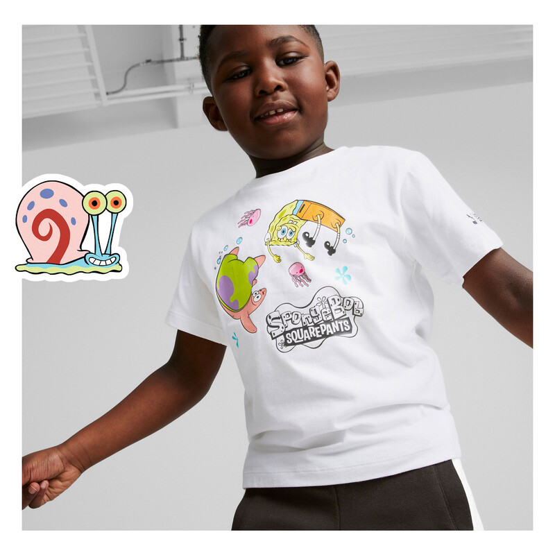 PUMA X SPONGEBOB Kids' Relaxed Fit Cotton T-Shirt in White size 9-10Y
