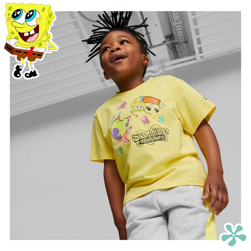 PUMA X SPONGEBOB Kids' Relaxed Fit Cotton T-Shirt in Yellow size 11-12Y