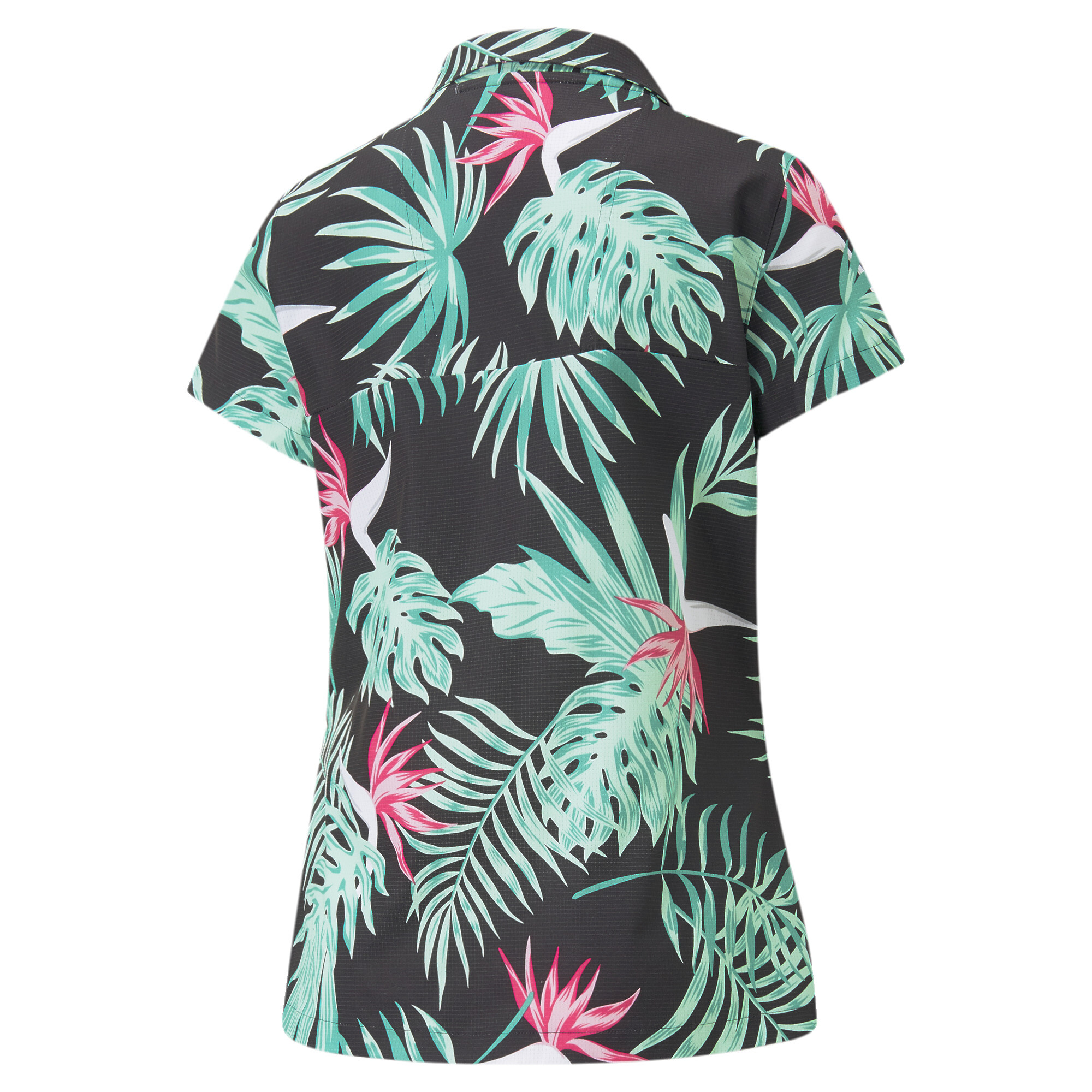 Women's Puma X Palm Tree Crew Paradise Camp Golf Shirt, Black, Size L, Clothing