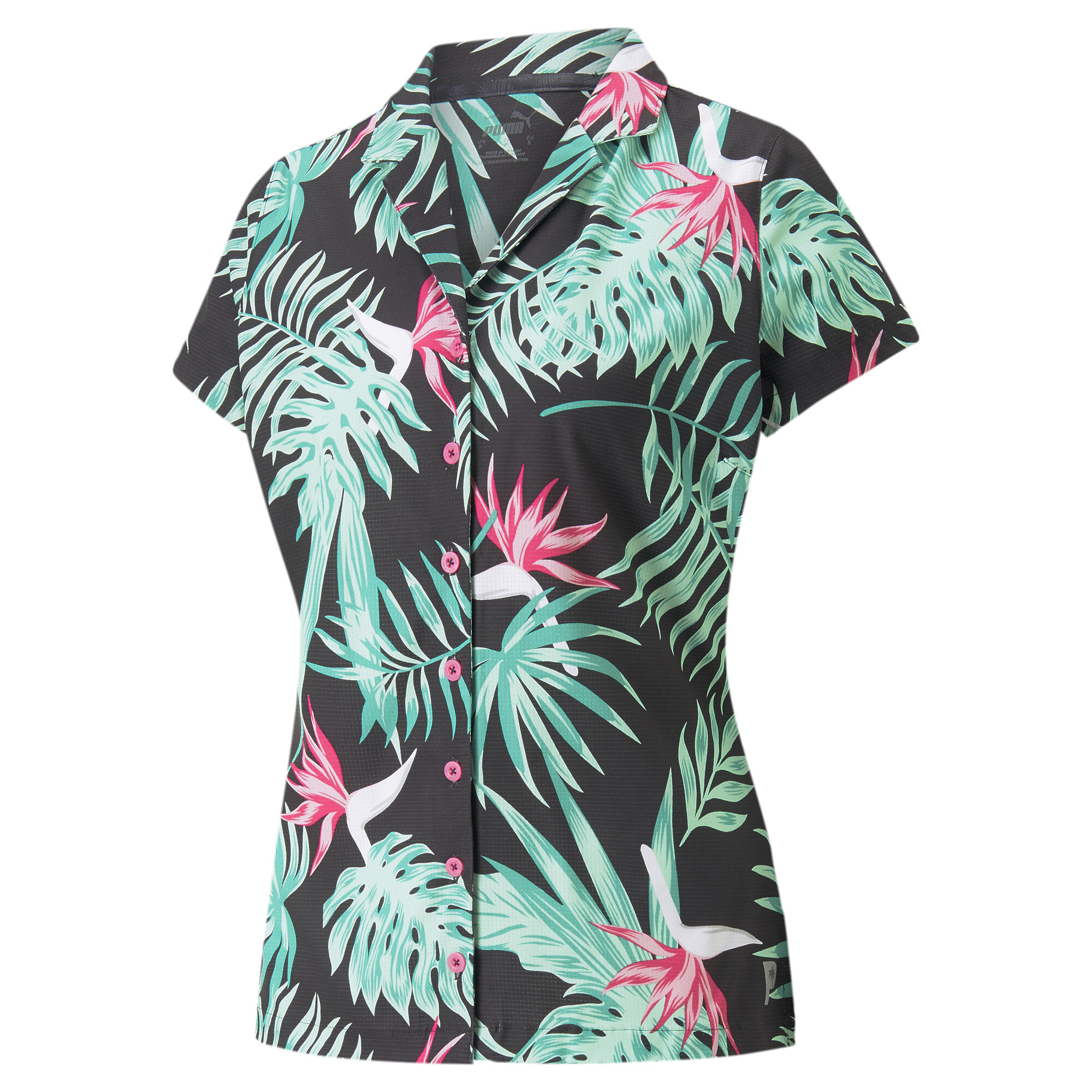 Women's Puma X Palm Tree Crew Paradise Camp Golf Shirt, Black, Size XS, Clothing
