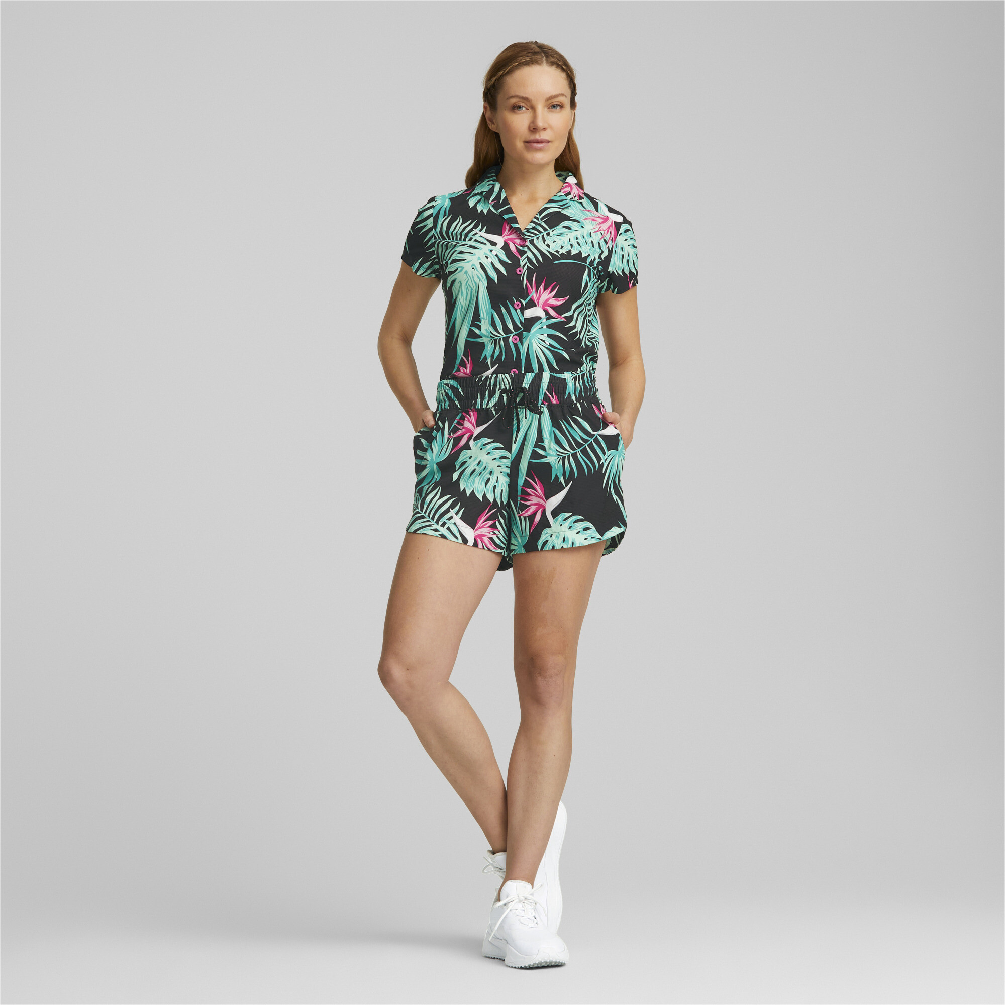 Women's Puma X Palm Tree Crew Paradise Camp Golf Shirt, Black, Size S, Clothing