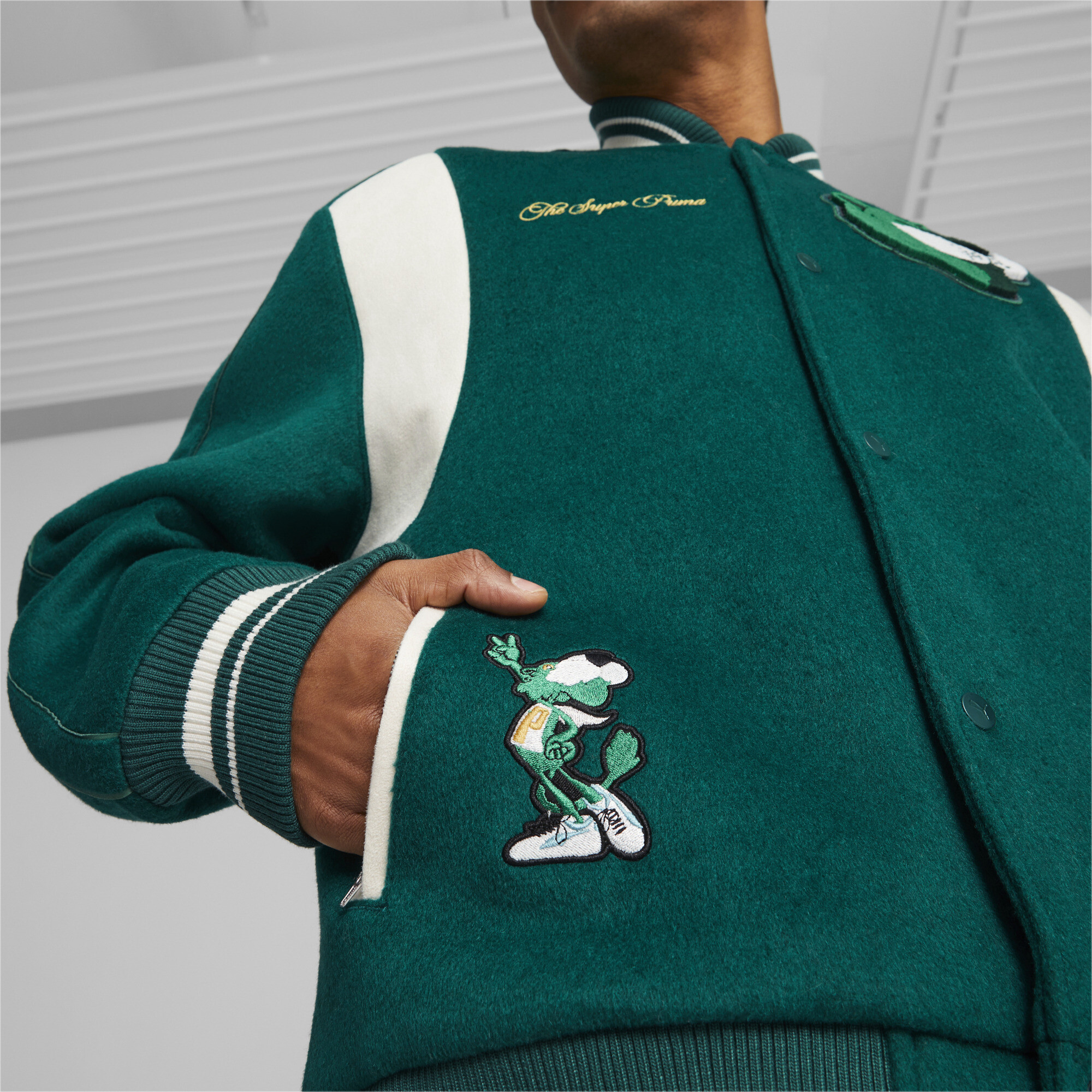 Men's PUMA The Mascot T7 College Jacket Men In Green, Size XS, Polyester