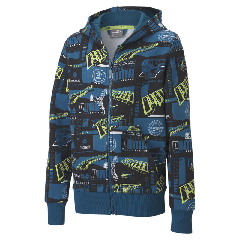 

PUMA Alpha Printed Full Zip Kid's Hoodie, Black/blue
