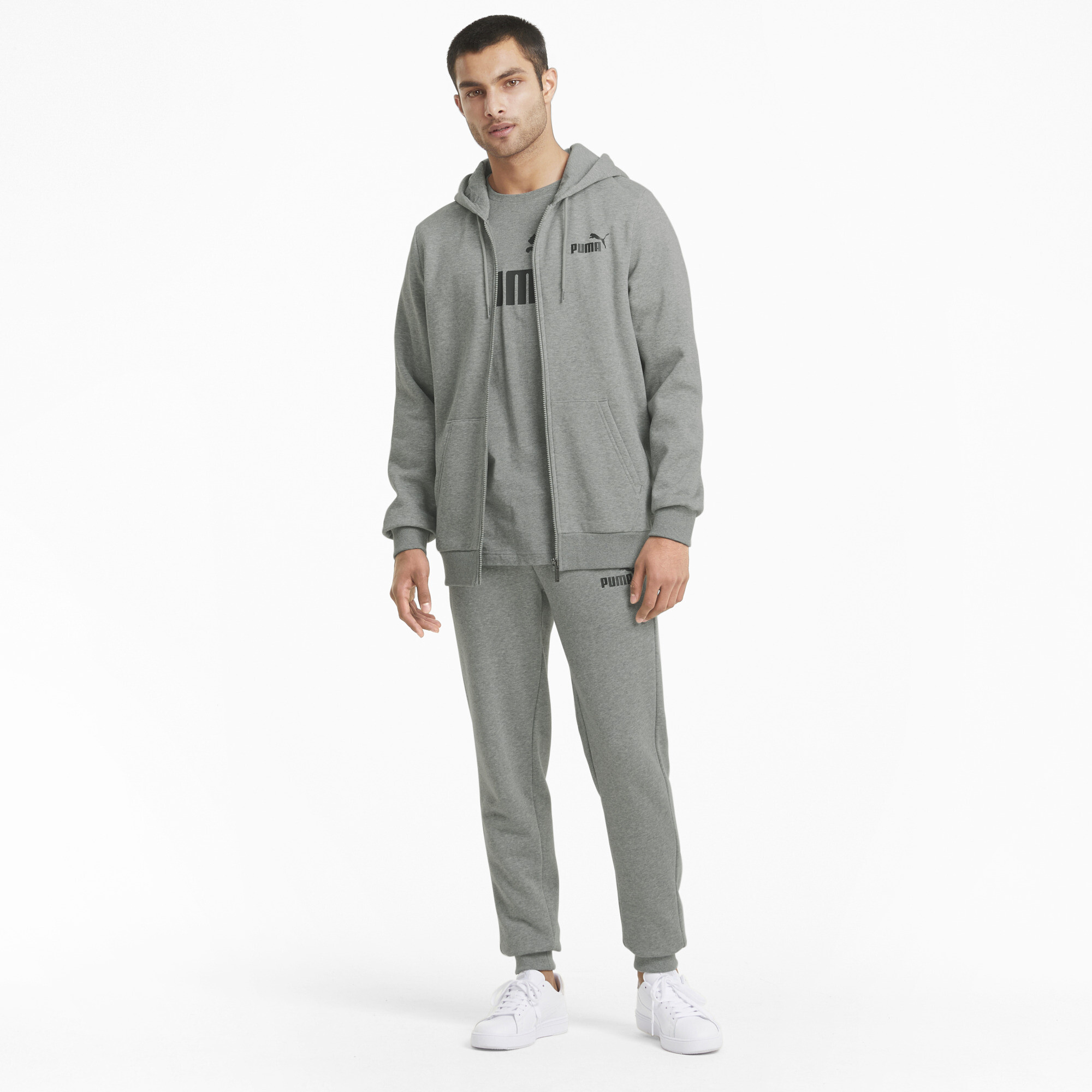 Men's Puma Essentials Full-Zip Logo Hoodie, Gray, Size 4XL, Clothing