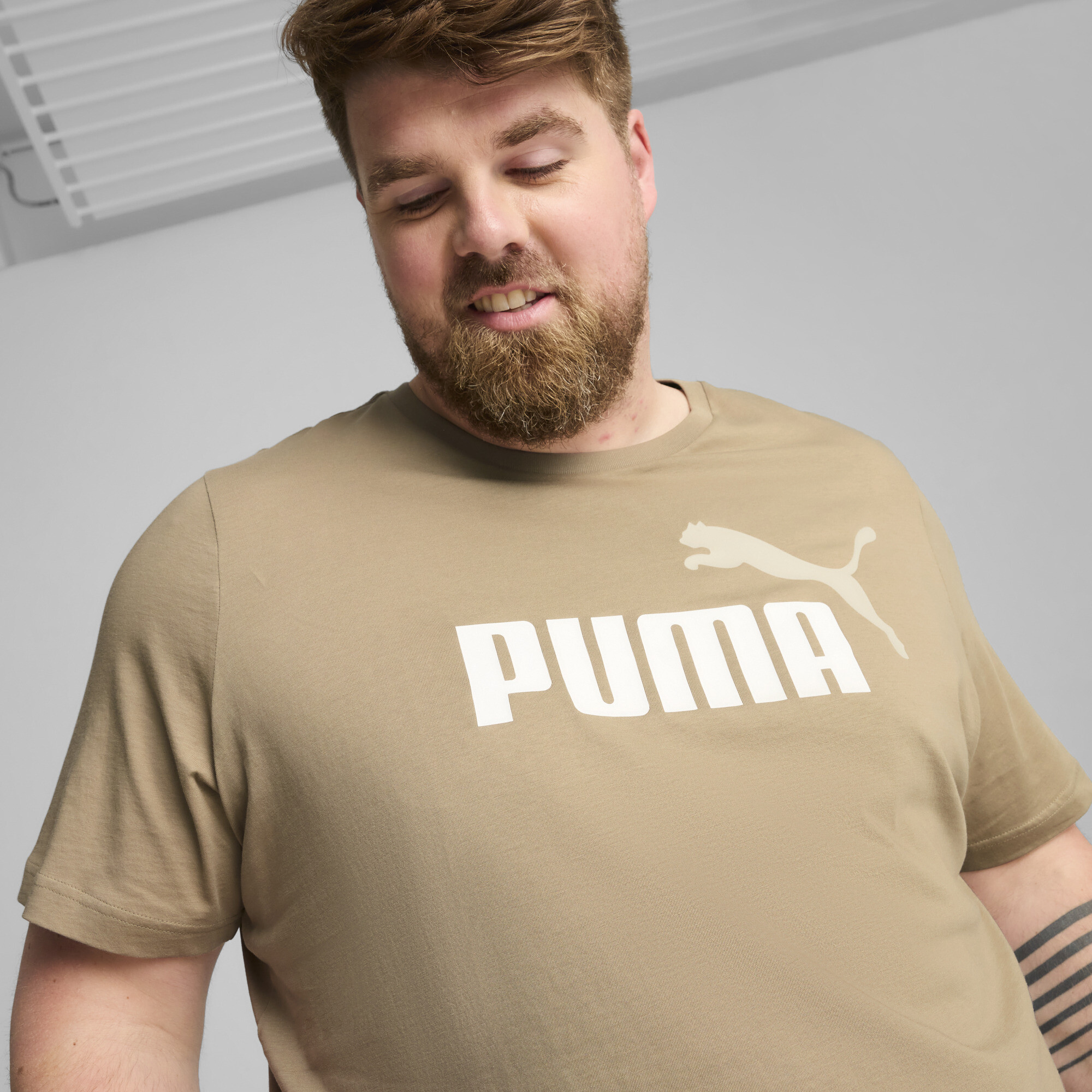 Men's Puma Essentials+ 2 Colour Logo T-Shirt, Beige, Size L, Clothing