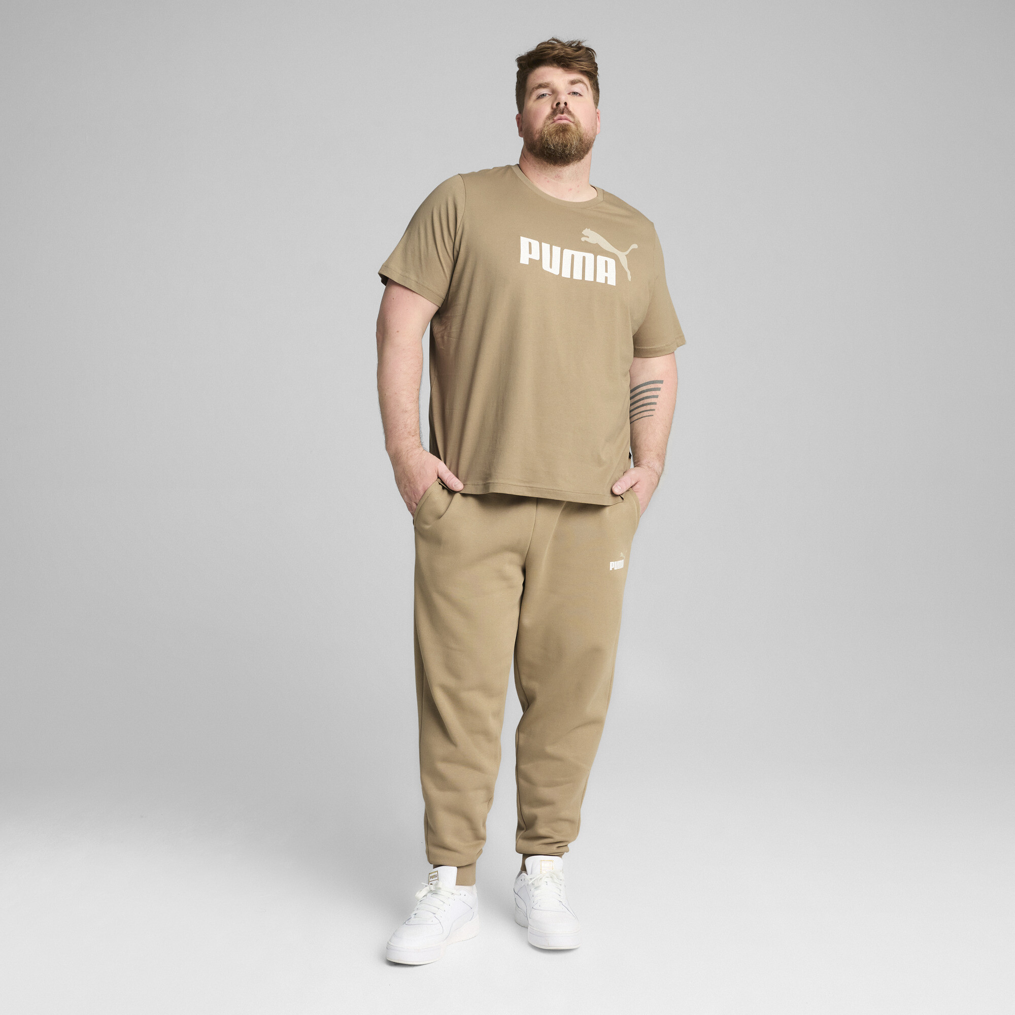 Men's Puma Essentials+ 2 Colour Logo T-Shirt, Beige, Size L, Clothing