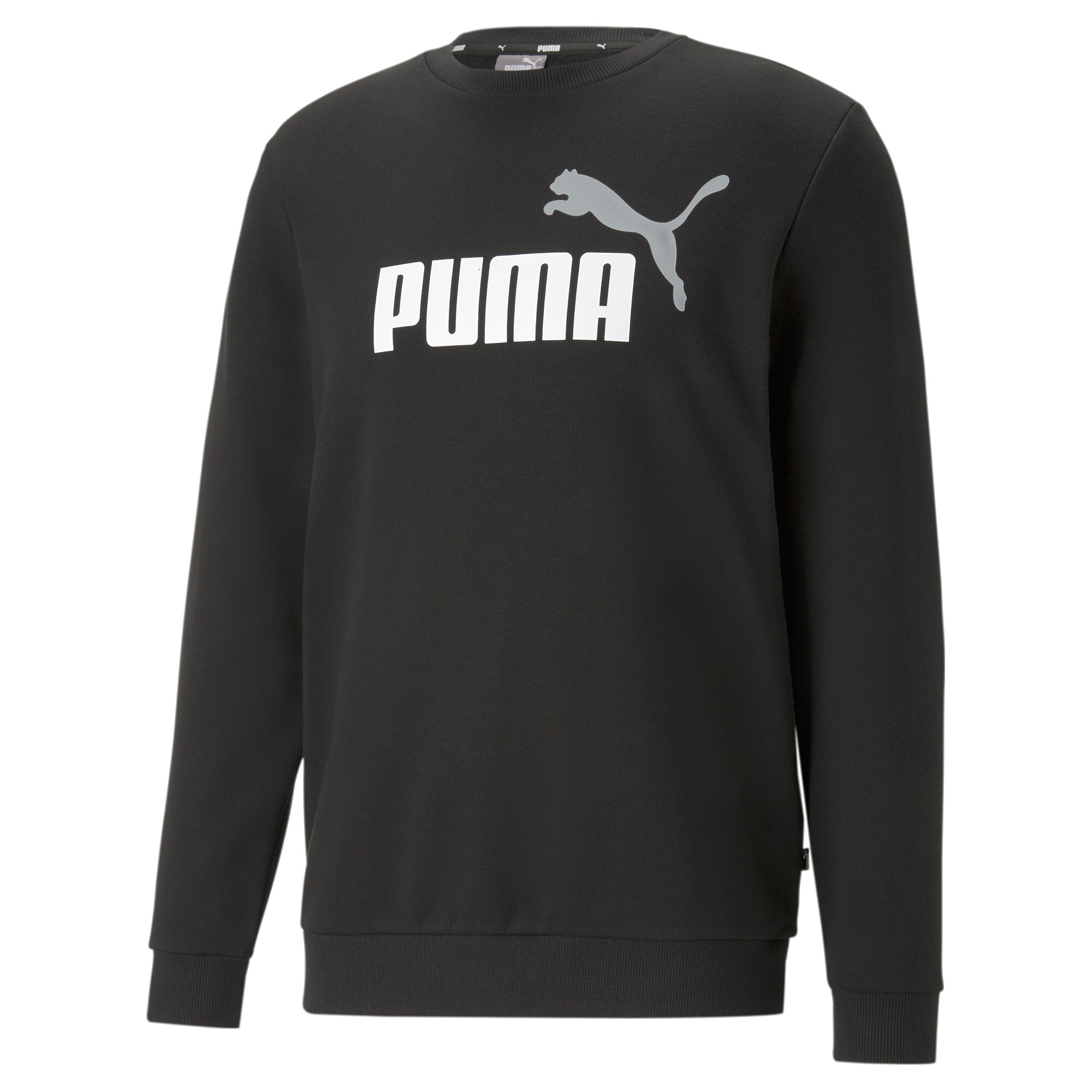 Men's Puma Essentials+ Two-Tone Big Logo Crew Neck Sweater Sweatshirt, Black Sweatshirt, Size XL Sweatshirt, Lifestyle