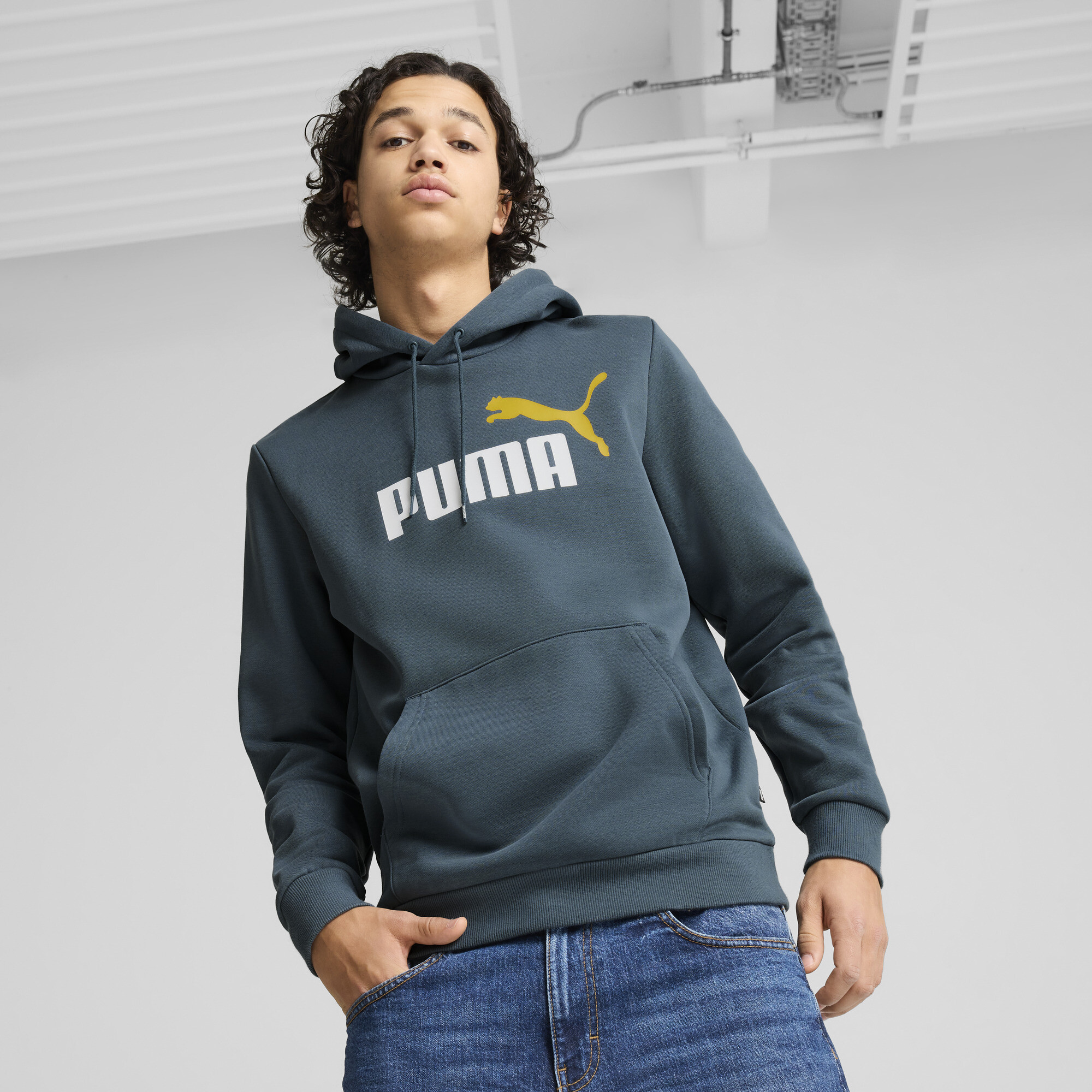 Men's Puma Essentials+ Two-Tone Big Logo Hoodie, Gray, Size XS, Clothing