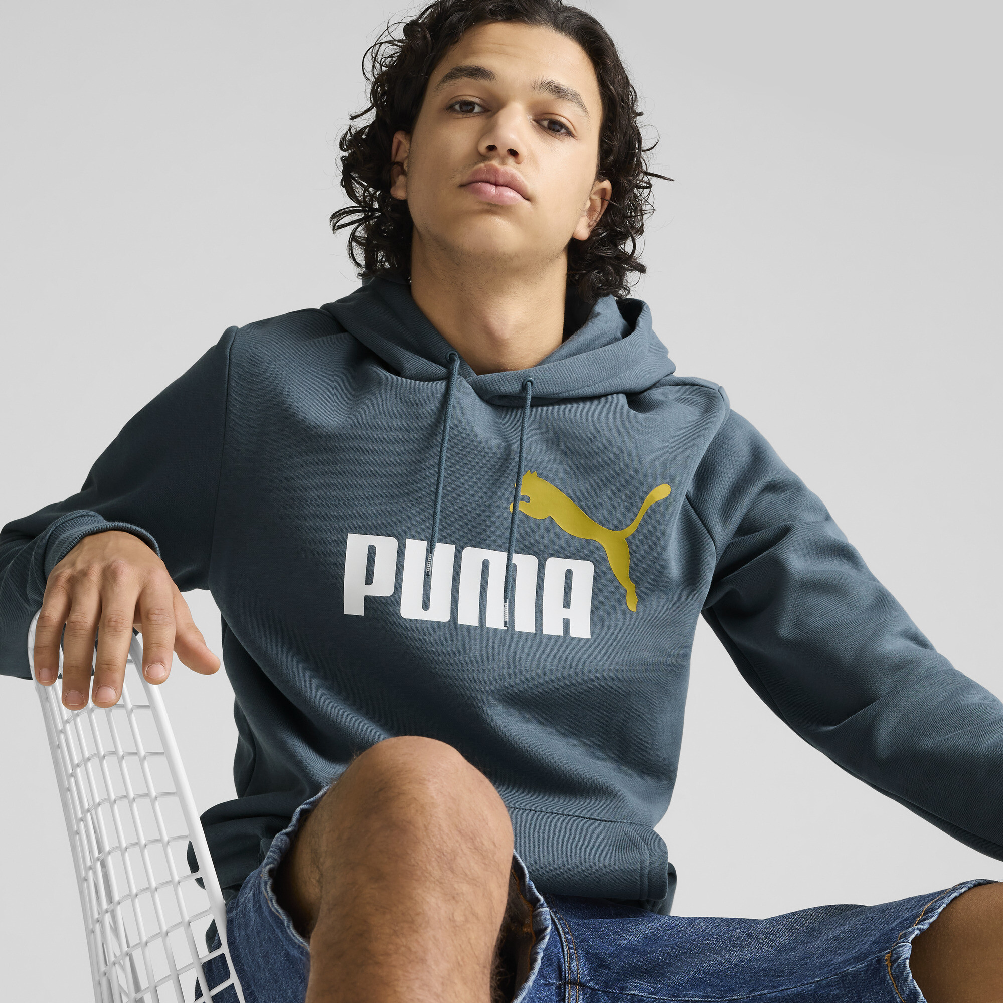 Men's Puma Essentials+ Two-Tone Big Logo Hoodie, Gray, Size XS, Clothing