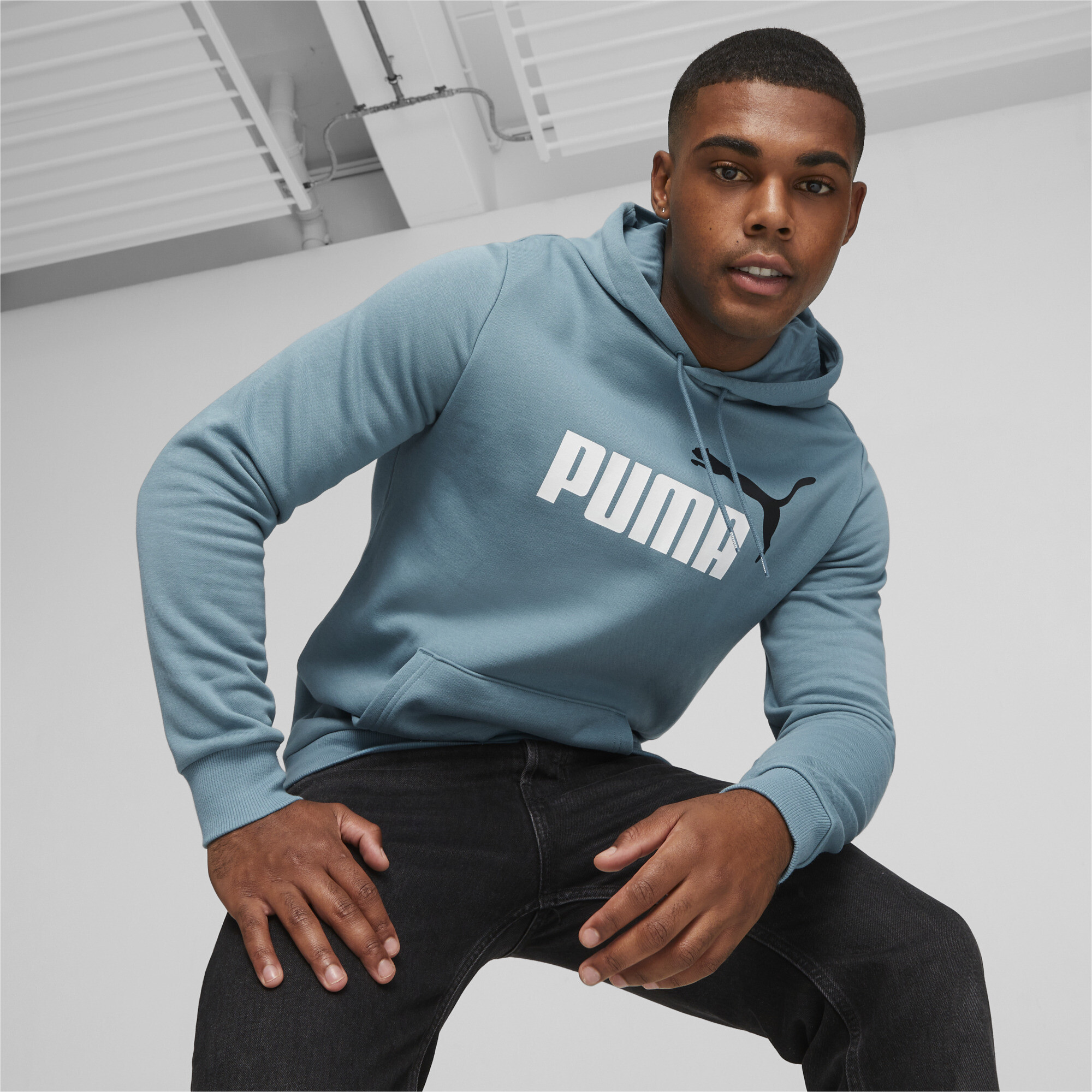Men's Puma Essentials+ Two-Tone Big Logo's Hoodie, Blue, Size M, Clothing