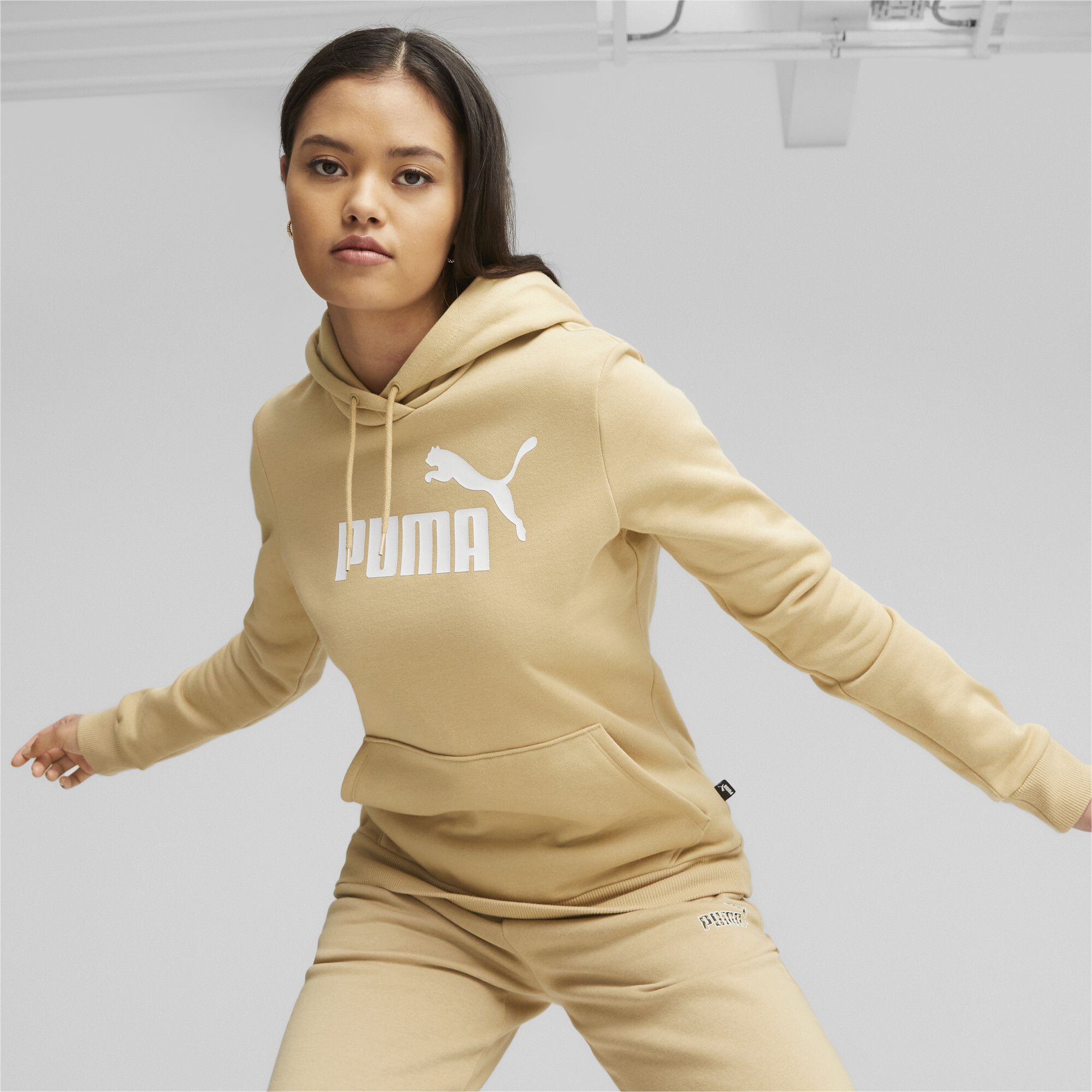 Women's Puma Essentials Logo FL's Hoodie, Beige, Size XL, Clothing