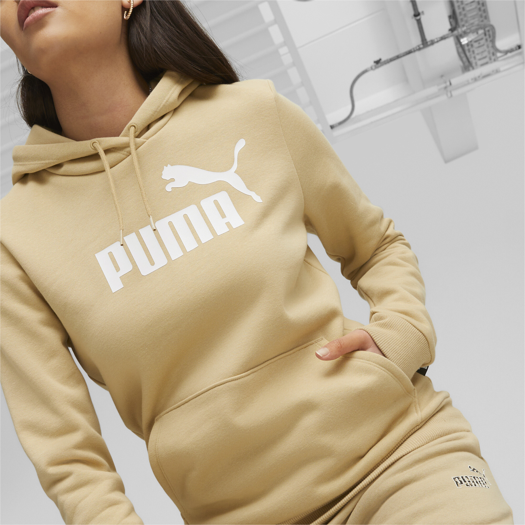 Women's Puma Essentials Logo FL's Hoodie, Beige, Size XXS, Clothing