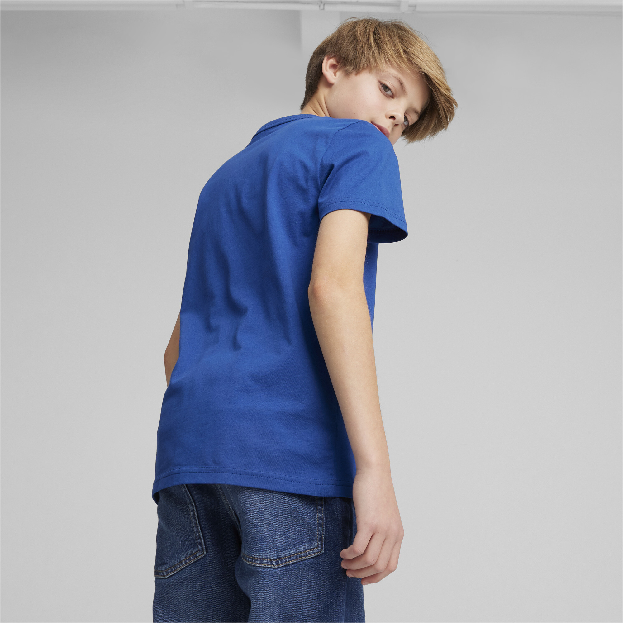 Men's Puma Essentials+ Two-Tone Logo Youth T-Shirt, Blue, Size 5-6Y, Shop