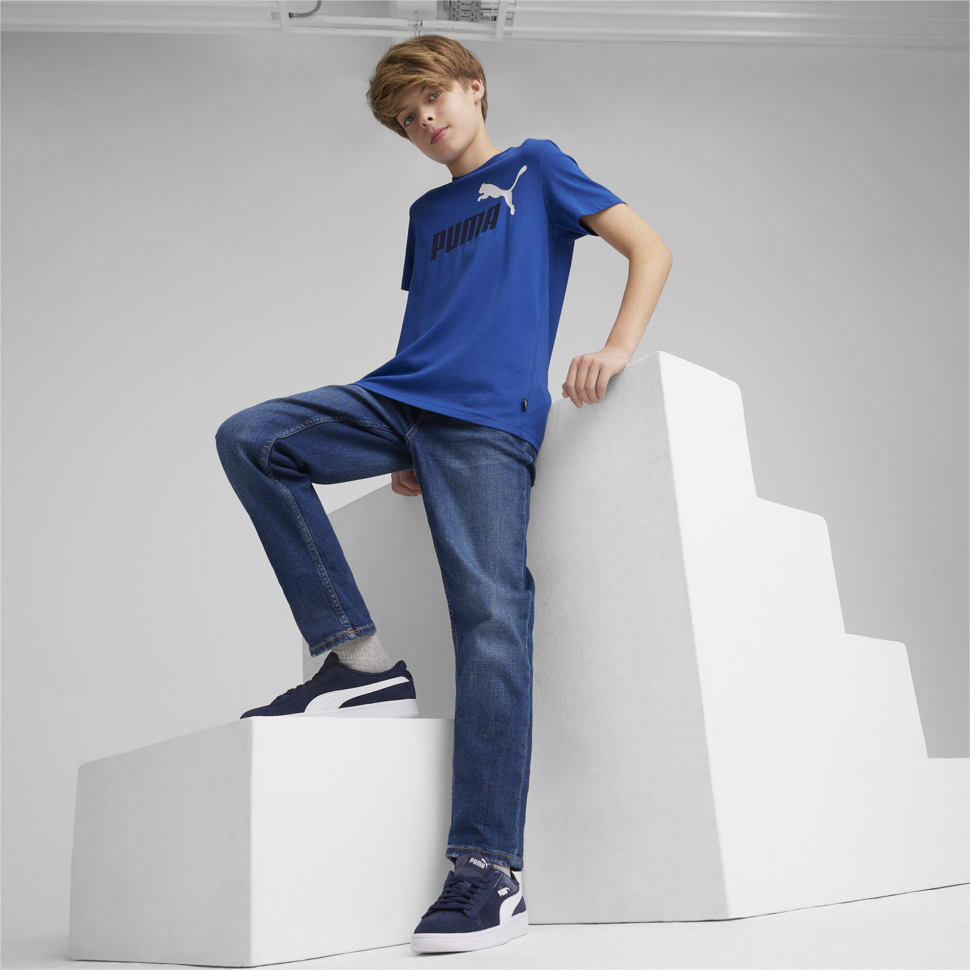 Men's Puma Essentials+ Two-Tone Logo Youth T-Shirt, Blue, Size 4-5Y, Shop