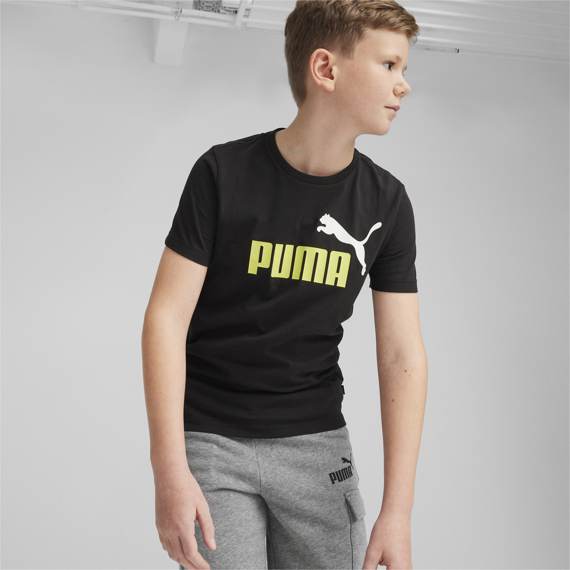 Men's Puma Essentials+ Two-Tone Logo Youth T-Shirt, Black, Size 5-6Y, Shop